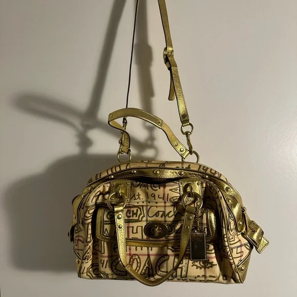 Coach bag Chelsea gold tattersall graffiti large domed purse/tote/crossbody bag - Picture 5 of 11
